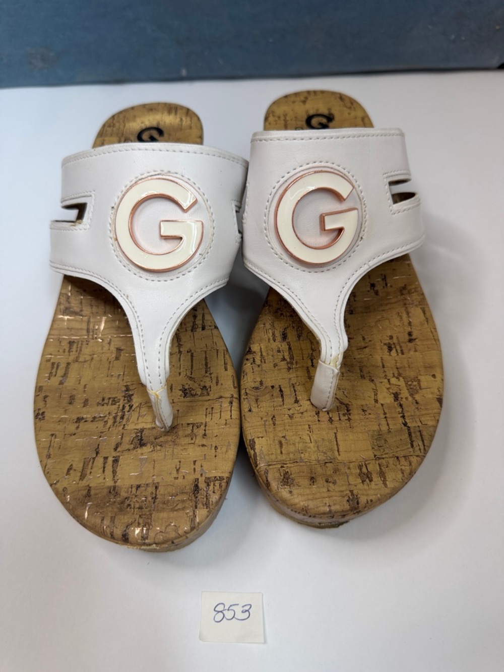 Guess White Wedge Cork Thong Sandals with Gold Logo Accent
